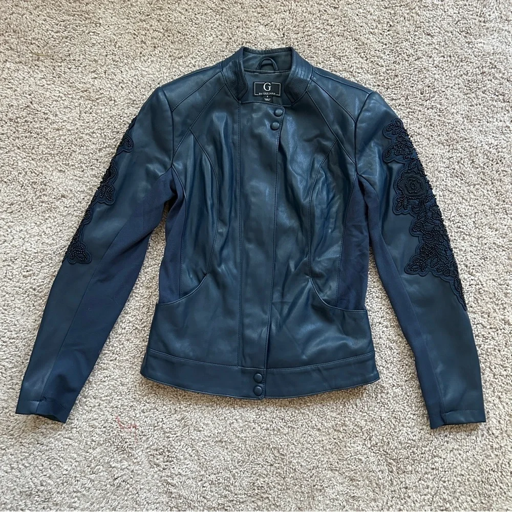 G by Guiliana Vintage Vegan Leather Beaded Embroidered Floral Navy Jacket Size 0